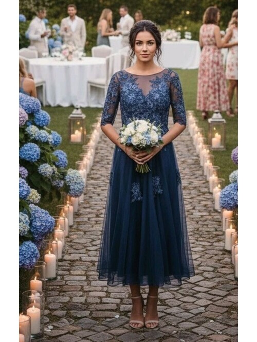 Lace Appliques Tulle V-neck Dresses 3/4 Sleeve For Weddings Size 4